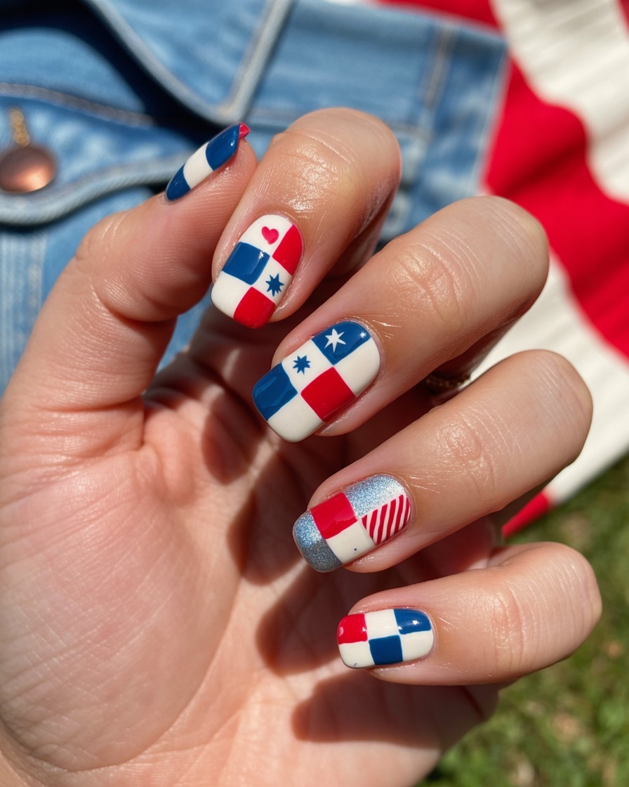 Square nails with red, white, and blue checkerboard patchwork and patriotic accents.