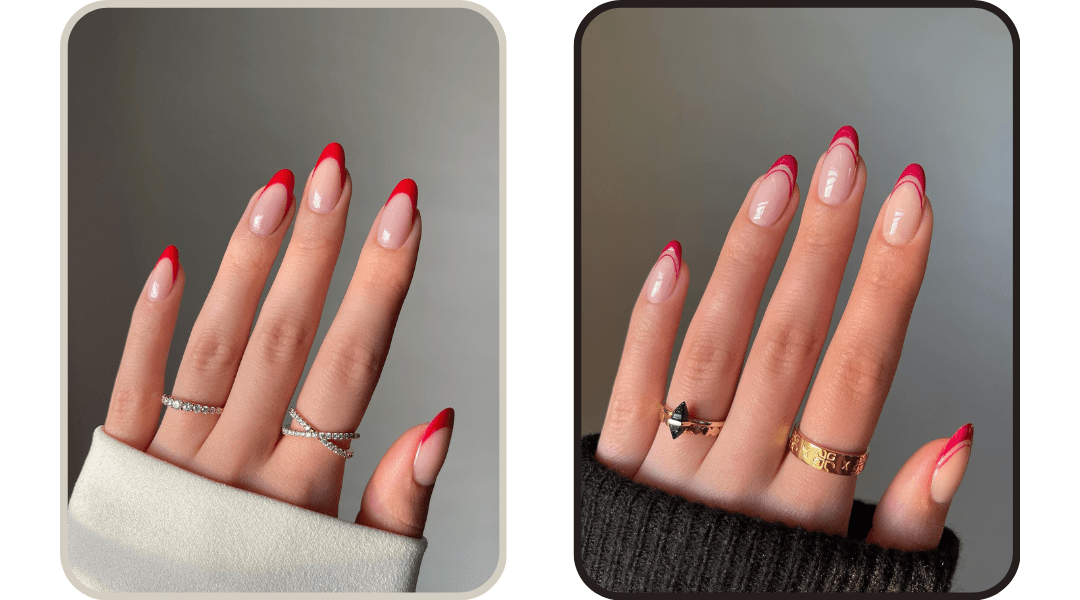 Glossy red French tip nails with silver and gold rings, styled above knit cuffs for a cozy, elegant look