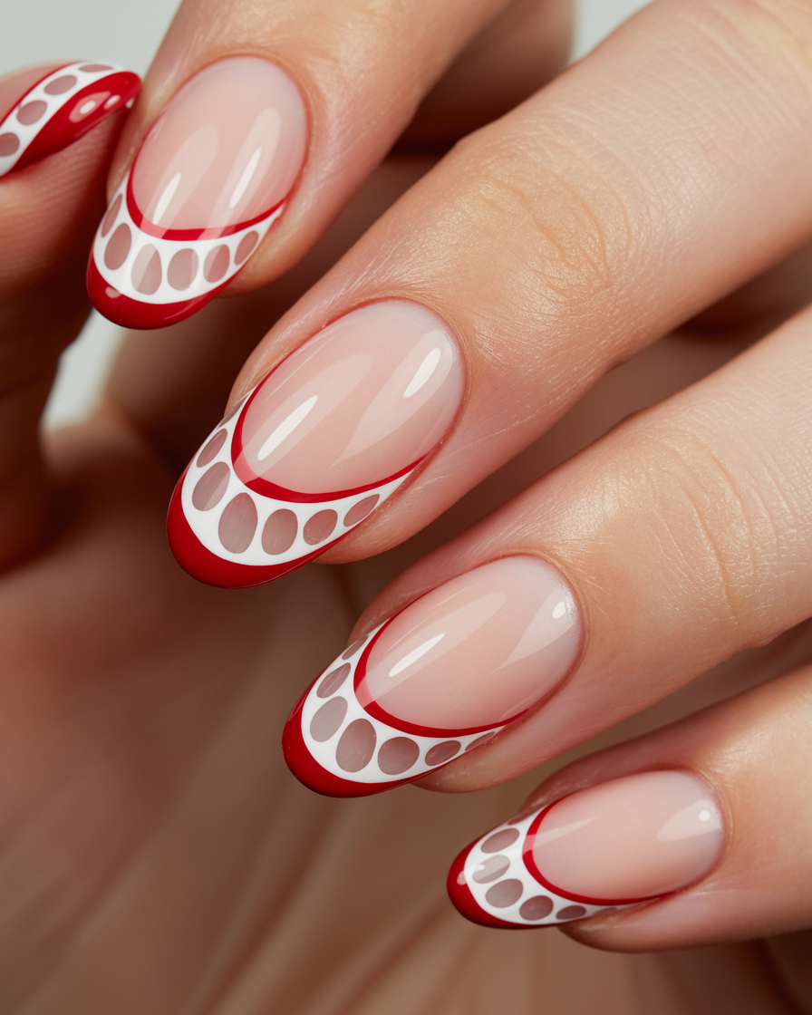 Almond-shaped nails with neutral pink base and red and white openwork triple French tips.