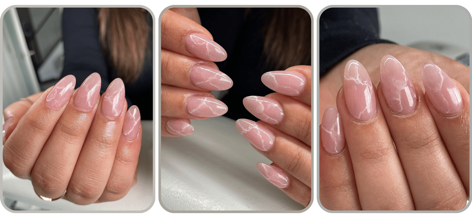 Three styles of almond-shaped rose quartz marble nails in soft pink tones with white veining, shown in a multi-angle collage