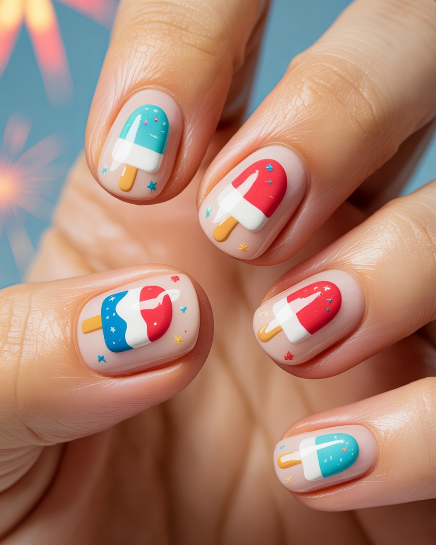 Rounded nails with red, white, and blue Rocket pop nail art on a neutral base.