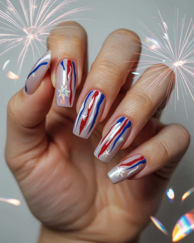 Coffin nails with iridescent base and diagonal red, white, and blue glitter stripes with stars.