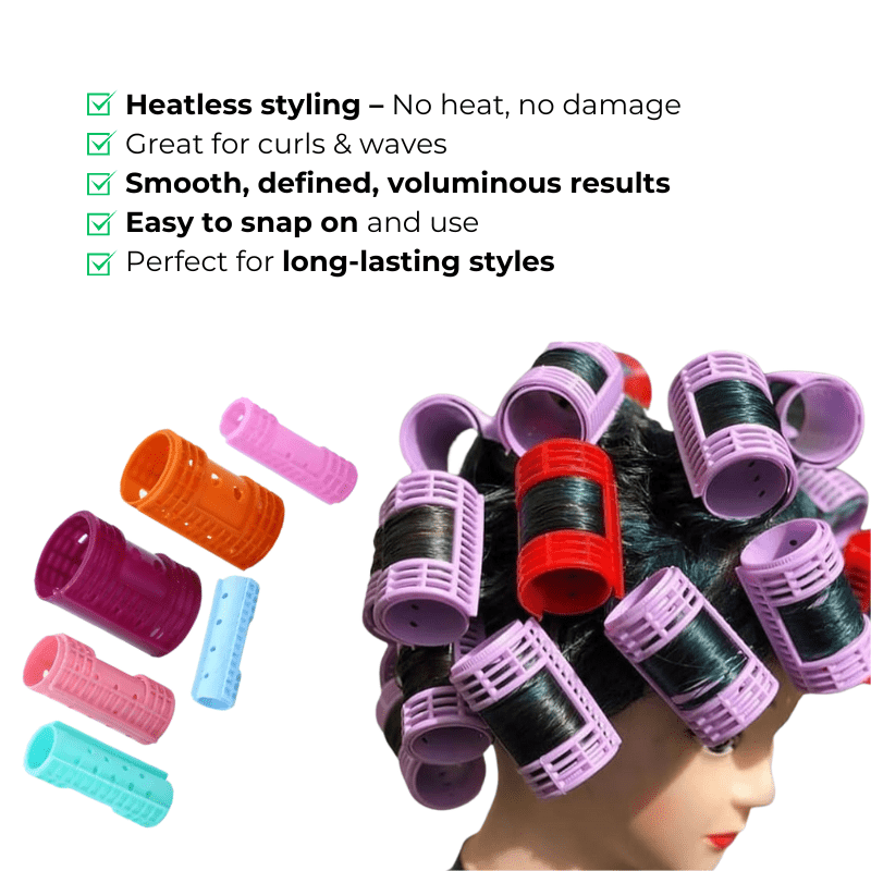 Easy-to-use snap-on rollers creating heatless, defined curls and waves in fine hair