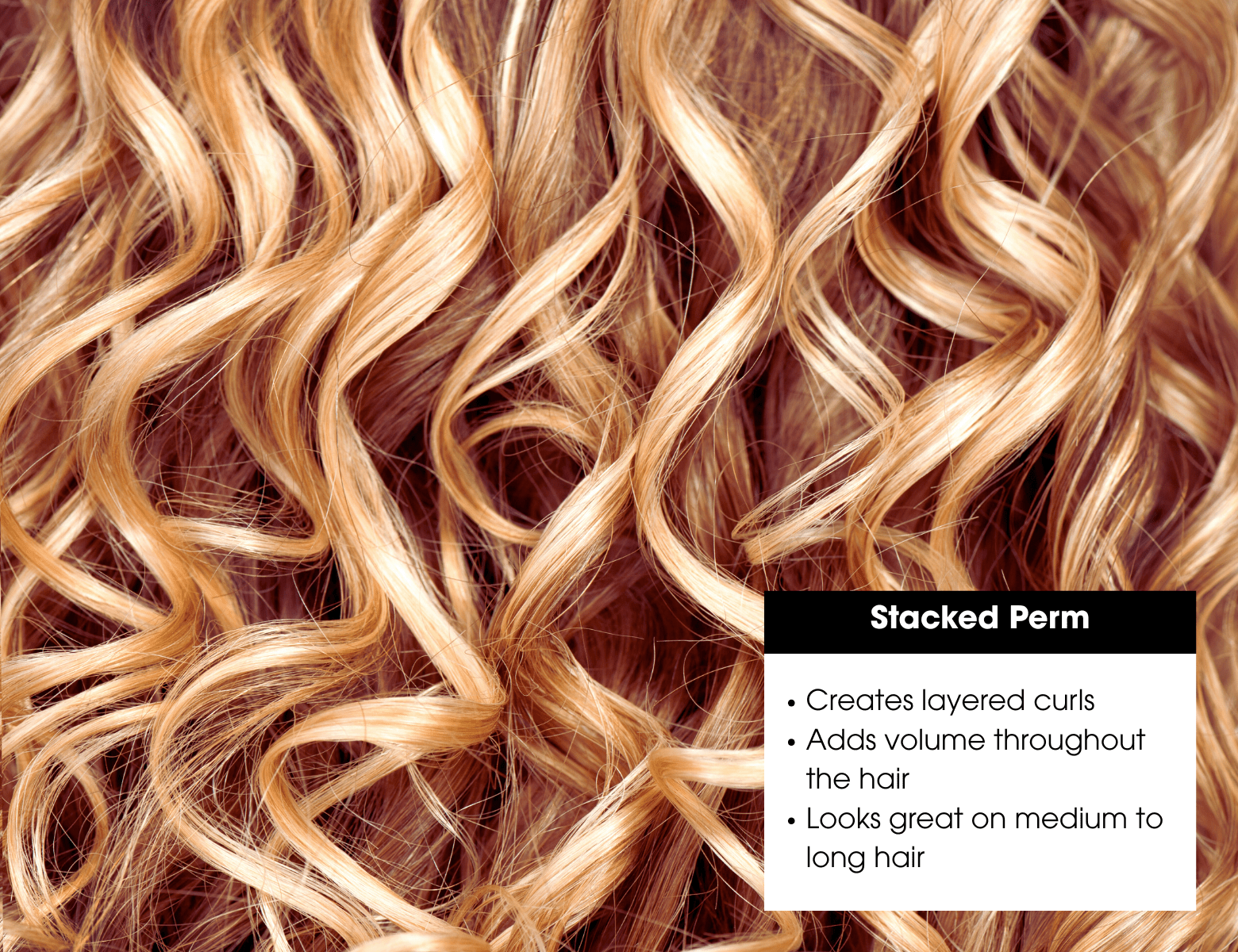 Stacked perm hairstyle creating layered curls with full volume, ideal for medium to long hair lengths.