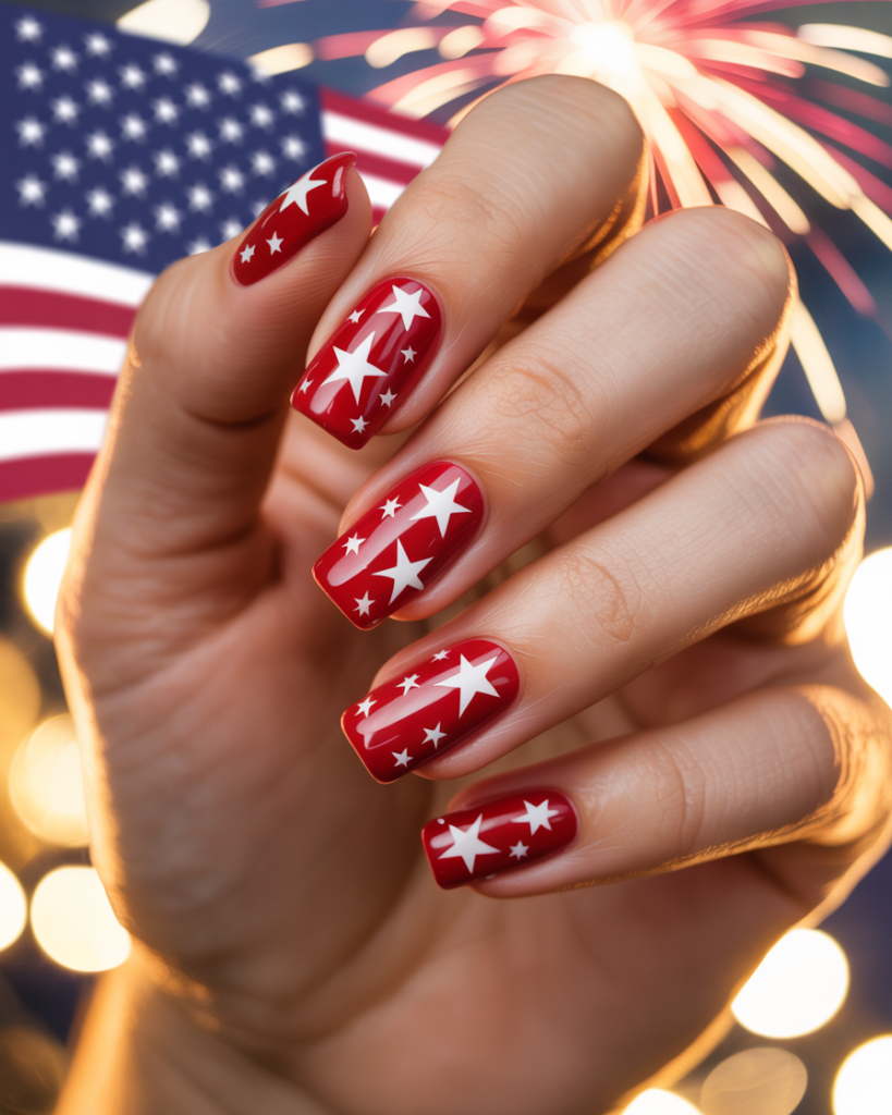 Glossy red nails with large white stars in a bold Fourth of July design.