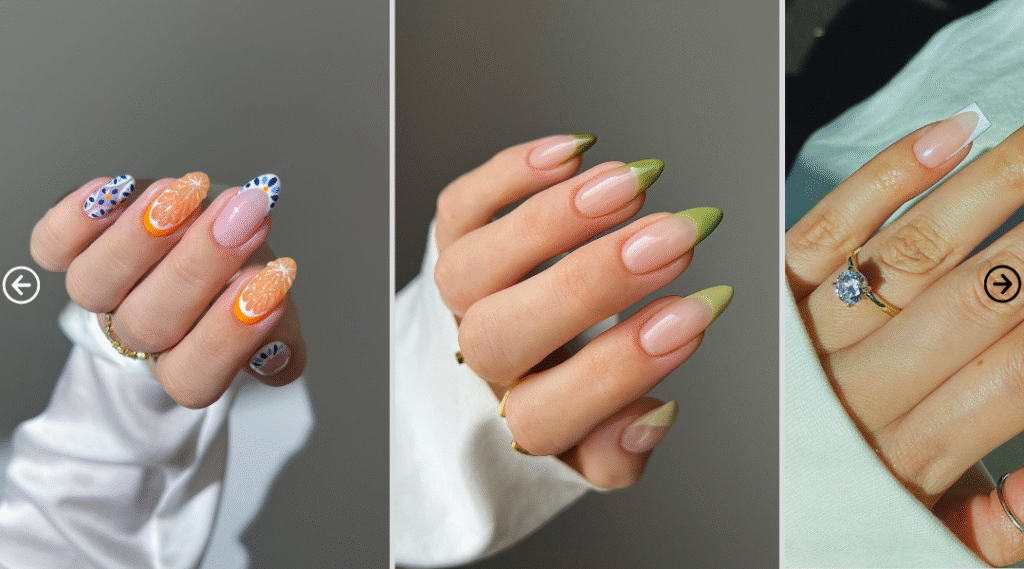 Collage of three hands showcasing summer nail trends: blue floral and orange slice designs with a silver ring; stiletto nails with pale green gradient tips; and a single finger with nude polish and a large diamond ring, all set against neutral backgrounds.