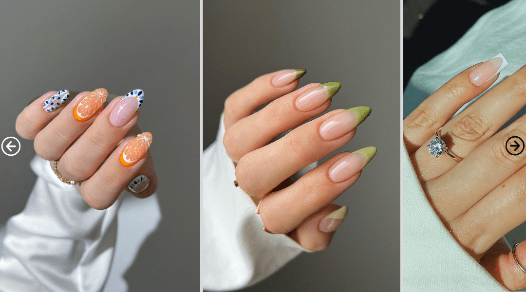 Collage of three hands showcasing summer nail trends: blue floral and orange slice designs with a silver ring; stiletto nails with pale green gradient tips; and a single finger with nude polish and a large diamond ring, all set against neutral backgrounds.