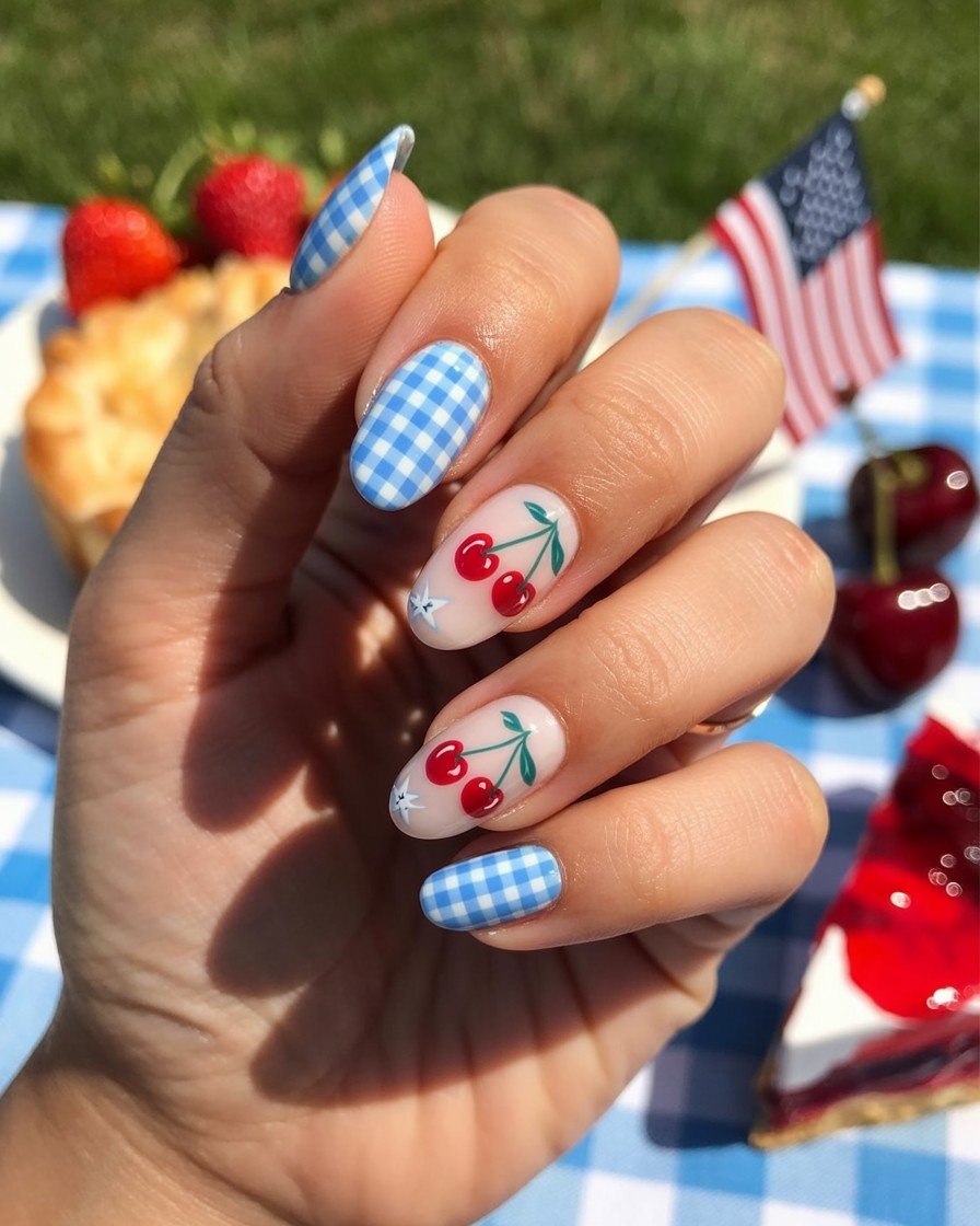 Almond-shaped nails with blue gingham and glossy cherry art, perfect for a patriotic picnic.
