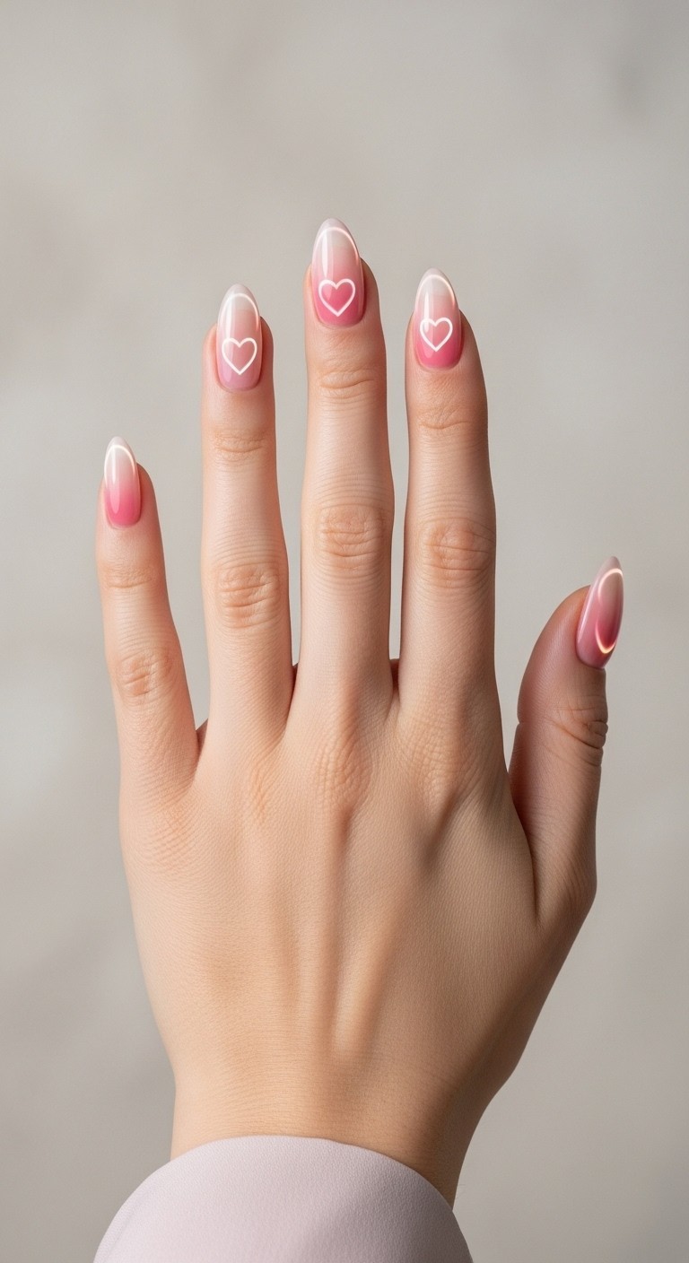 back-of-hand view with straight fingers and almond-shaped nails in pink aura gradients and tiny heart details, centered on a soft neutral background.