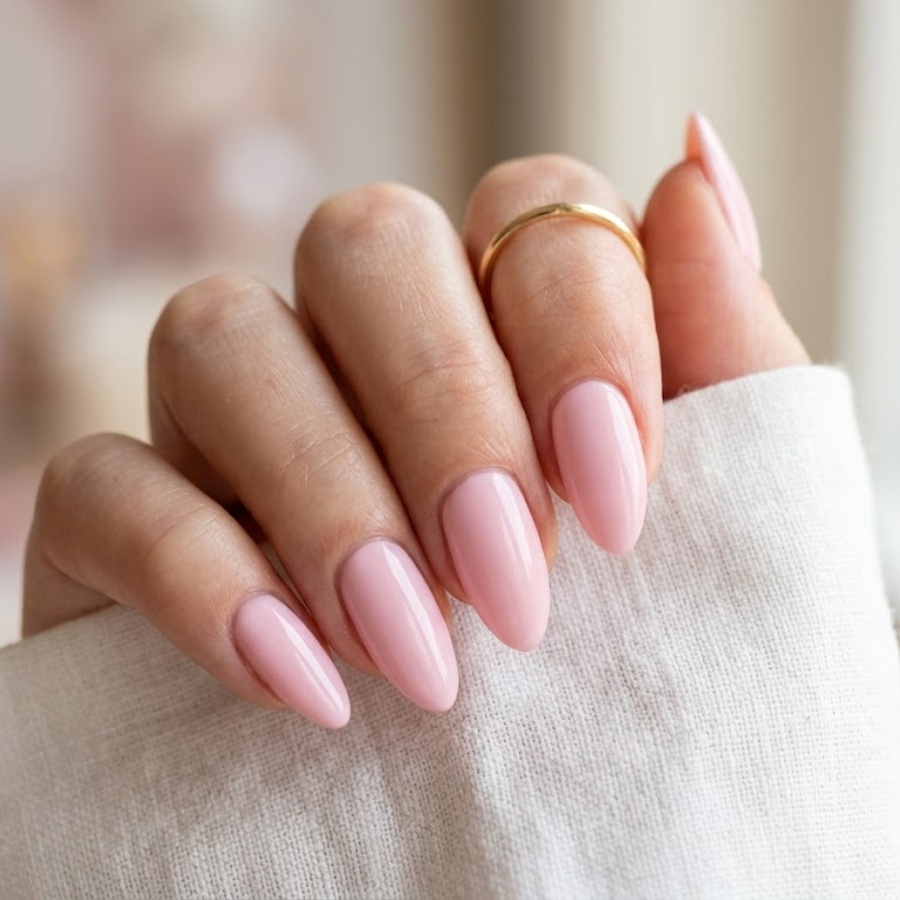 Medium-length almond-shaped baby pink nails with a high-gloss gel finish on a white linen background
