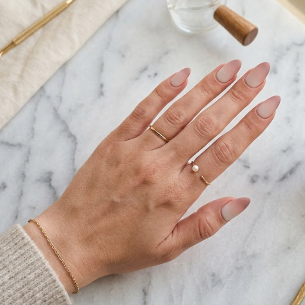 Balayage French nails with a freehand blush-to-mauve gradient on almond-shaped nails, matte finish, resting on cream linen