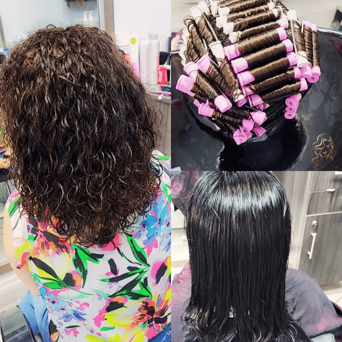 Side-by-side comparison of hair before and after a perm treatment, showing transformation from straight, flat strands to defined, voluminous curls.
