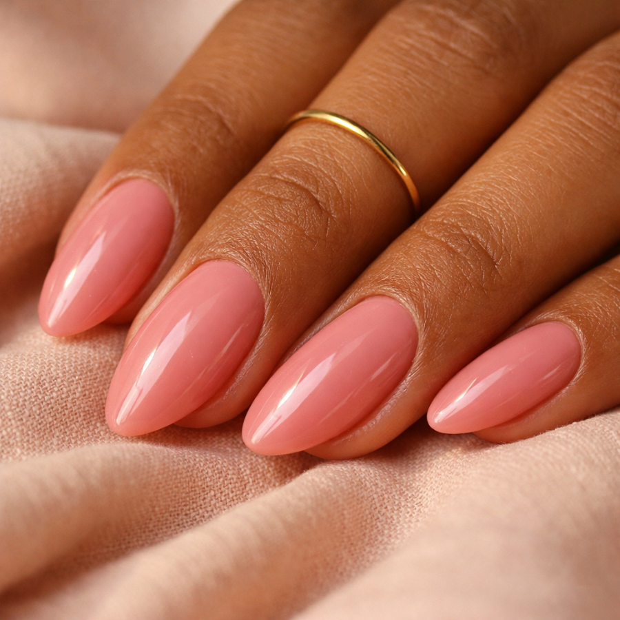 Almond-shaped blush pink nails with a warm rosy gel finish on soft blush fabric background
