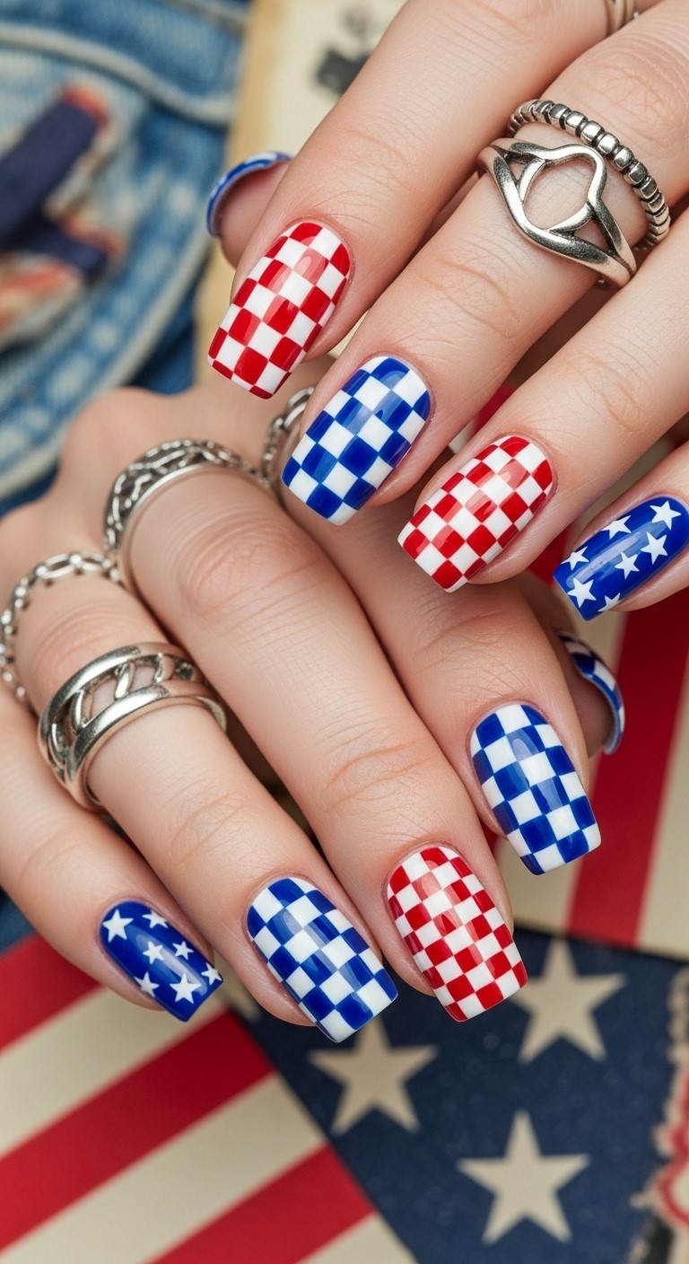 Checkered print nails for the 4th of July with red, white, and blue checkerboard patterns, warped grids, and patriotic accents on square nails.