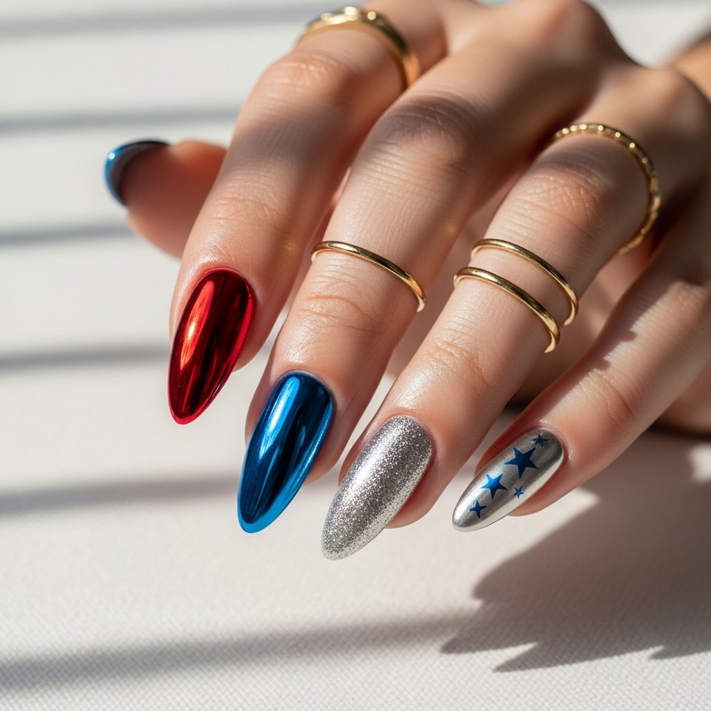 Chrome 4th of July nails featuring red, blue, and silver finishes on almond-shaped nails with a patriotic, high-shine look.