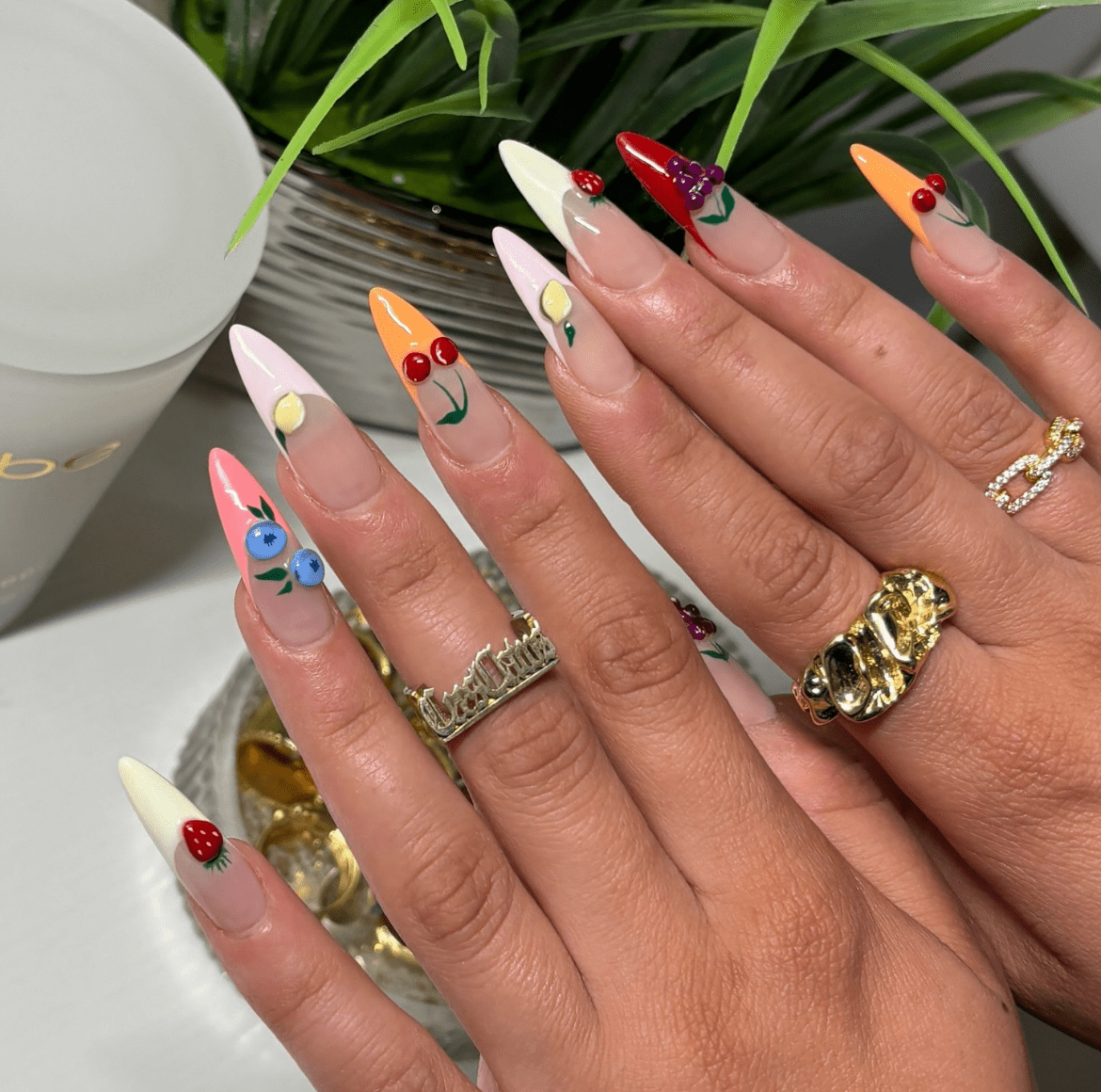 Long pointed nails featuring hand-painted fruit art including kiwi, cherry, grapes, lemon, and blueberry on a translucent base, styled with rings and greenery in the background