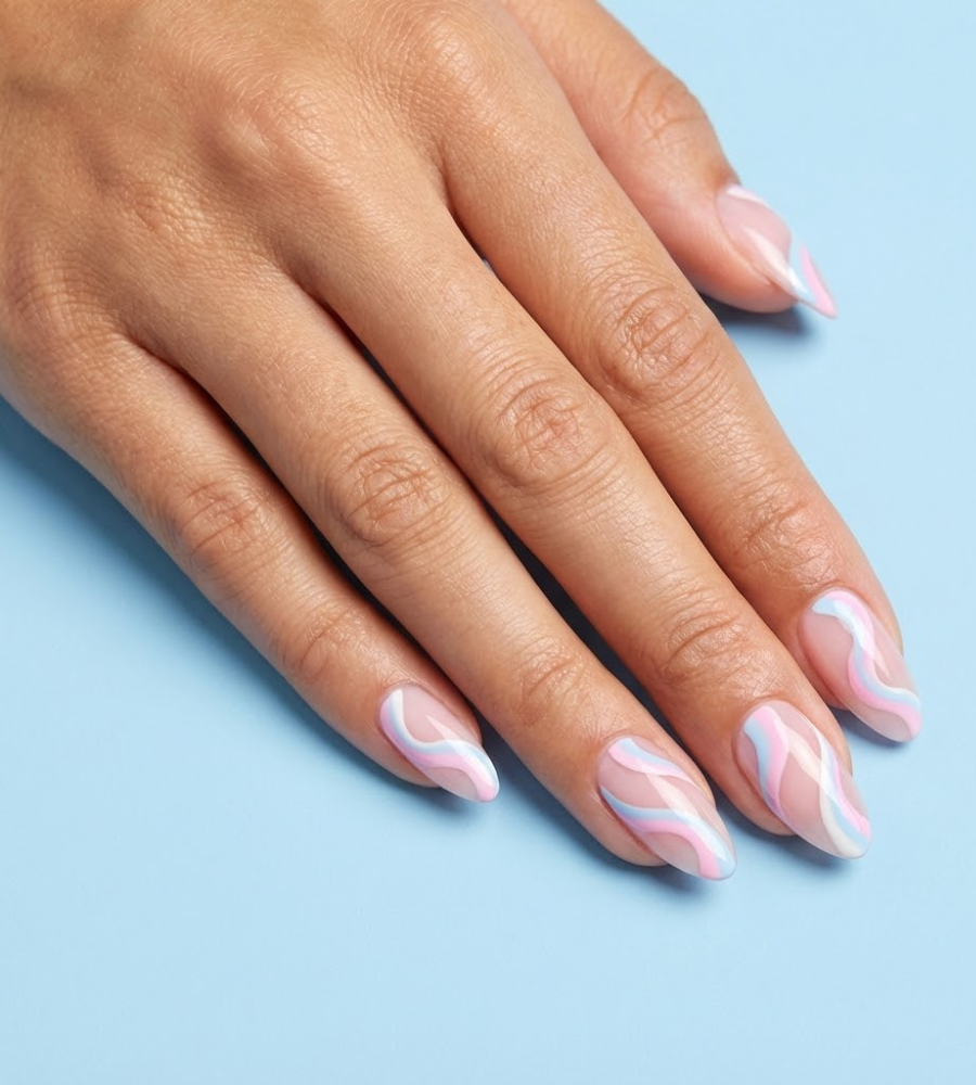 Cotton candy swirl nails with pink and pastel blue ribbons