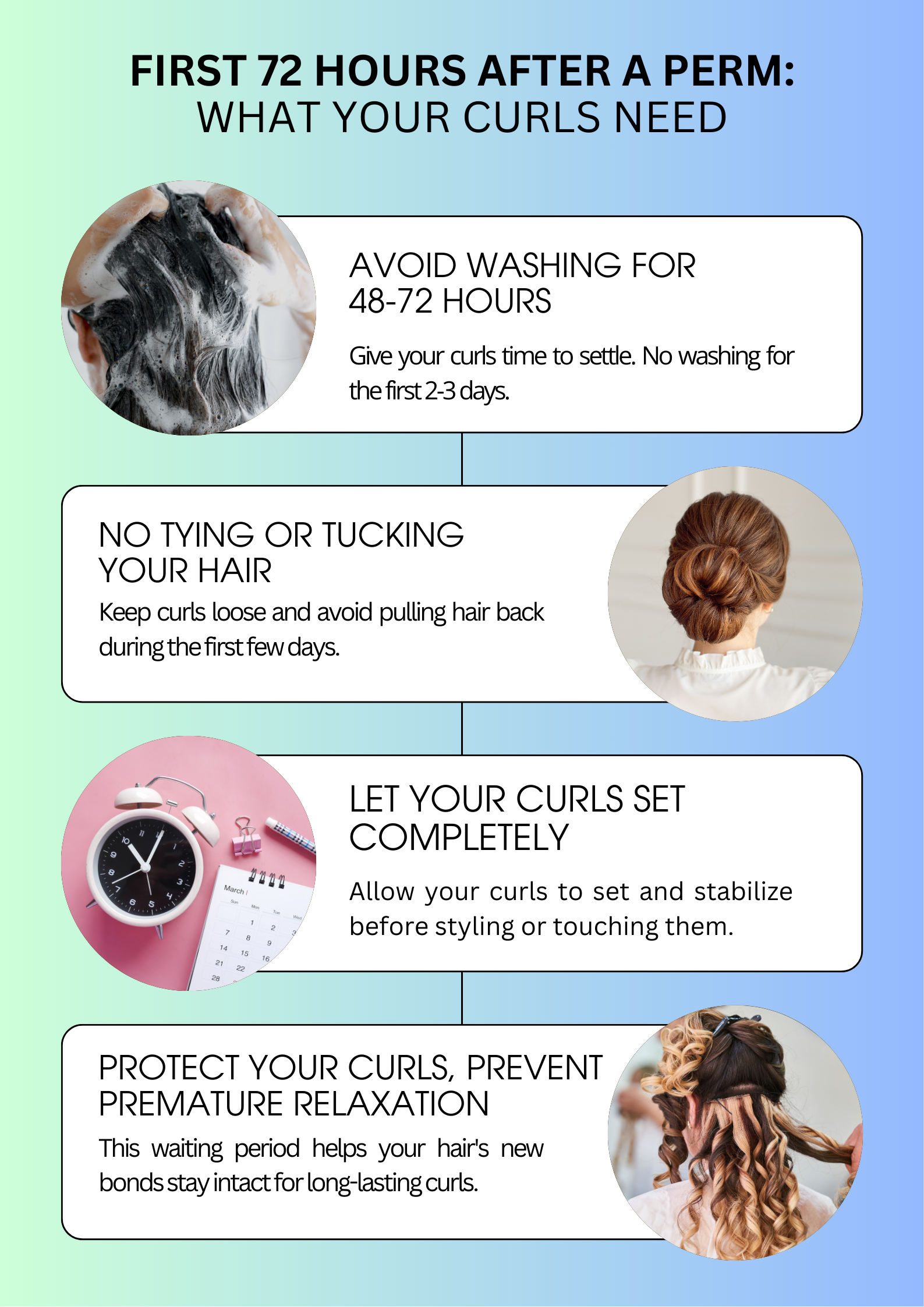 Infographic showing how to care for permed hair in the first 72 hours: avoid washing for 2–3 days, don’t tie or tuck hair, let curls set fully, and protect new curl bonds for long-lasting results.