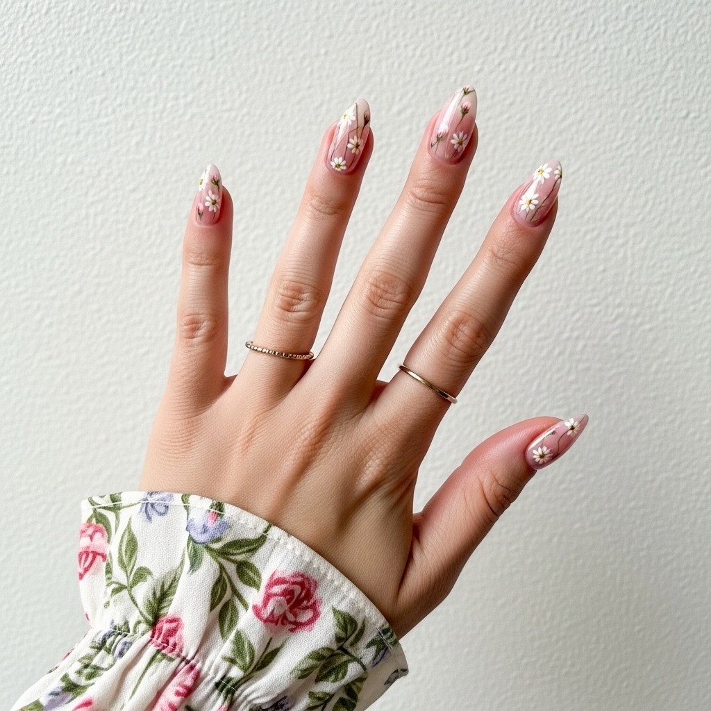 a woman’s hand with straight fingers and almond-shaped pink nails featuring delicate floral designs, centered over a soft fabric background.