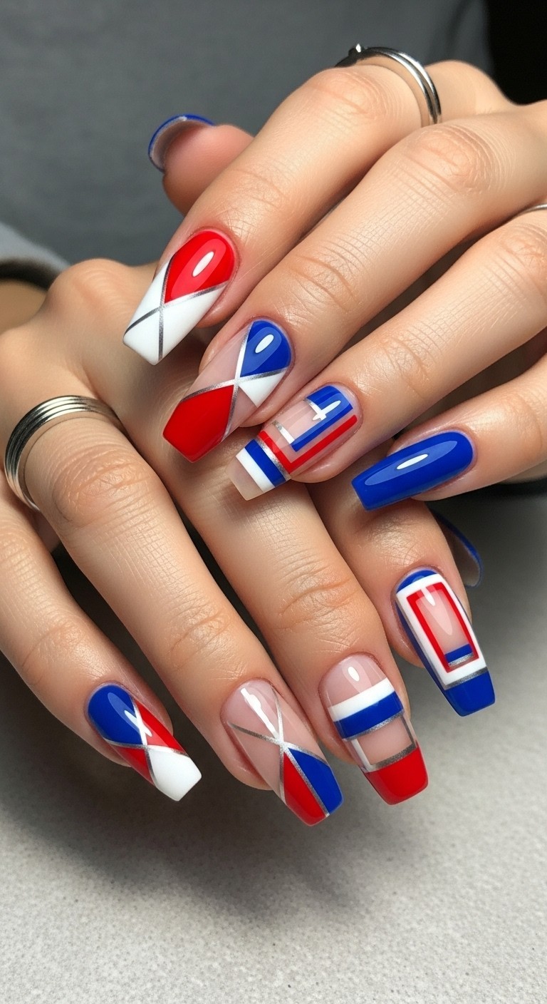 Modern 4th of July geometric nails featuring red, white, and blue triangles, color blocks, and negative space with matte and glossy finishes.