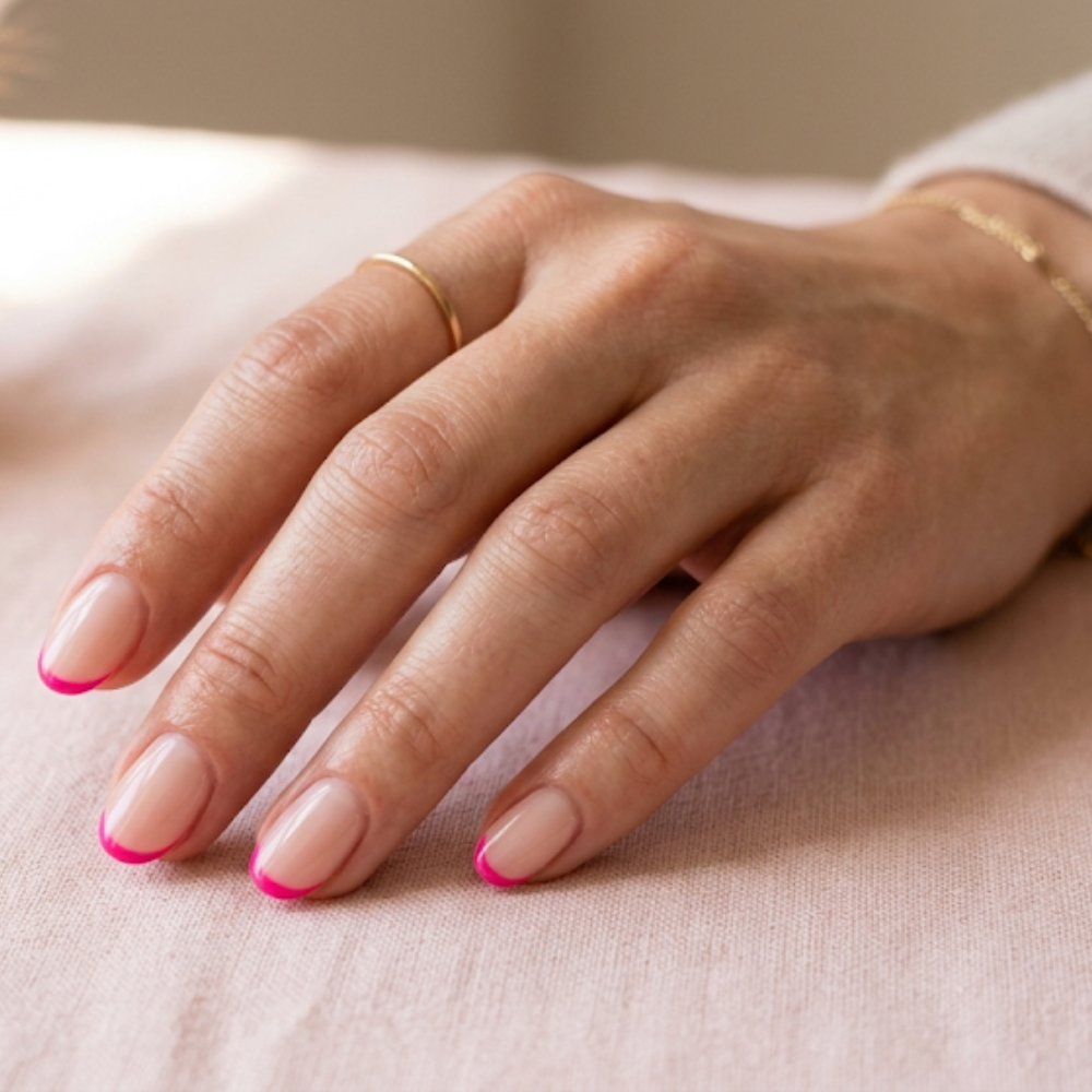 Hot pink micro French nails with ultra-thin tip line on short oval nails over a sheer milky base