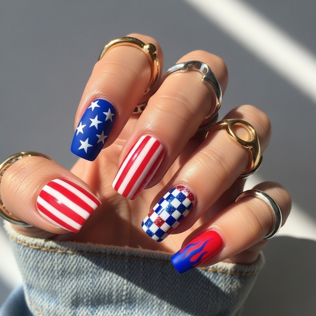 Mix and Match 4th of July nails featuring a variety of red, white, and blue designs including stars, stripes, glitter, checkerboard, and abstract accents.