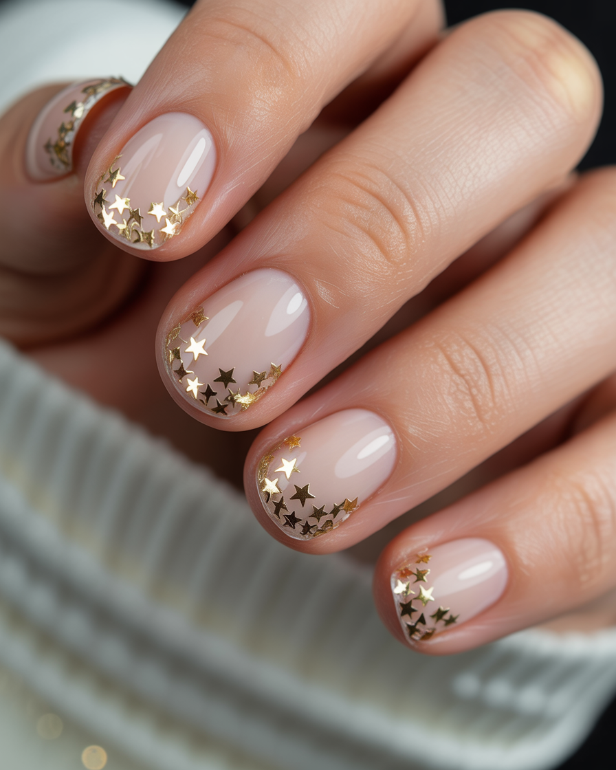Nails with neutral base and reverse French design featuring gold star sequins around the cuticles.
