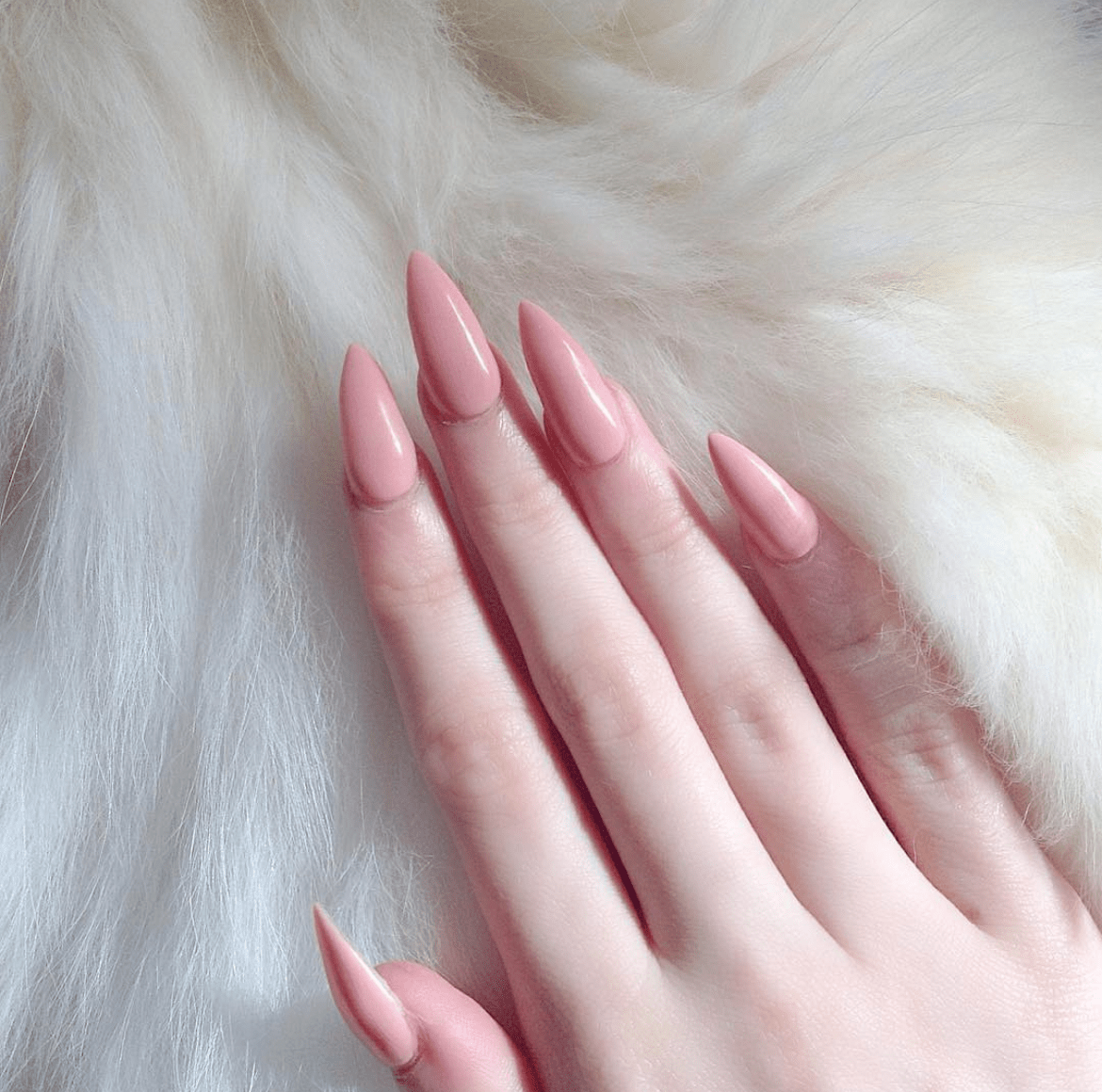 Long pale pink stiletto nails on a fair hand, resting on a fluffy white fur-like surface with soft lighting.