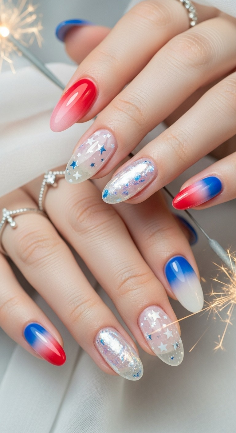 Soft patriotic aura nails with red-to-blue ombré, chrome accents, and iridescent shimmer on oval-shaped nails, creating a dreamy Independence Day look.