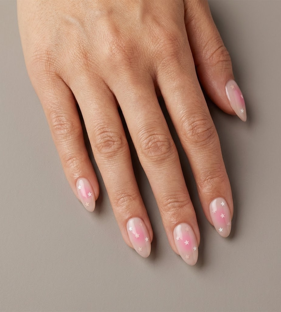 Pink aura nails with subtle star details and glossy almond shape