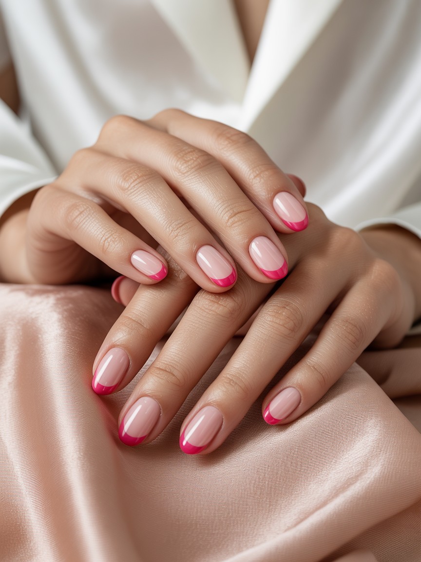 Manicured hands with almond-shaped nails showcasing pink double French tip design featuring two parallel pink stripes over a soft pink base.