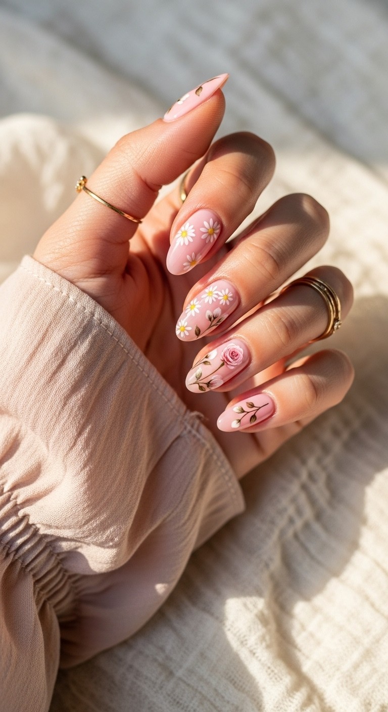 pink nails featuring delicate floral art, styled with a pastel sleeve on a soft off-white background.