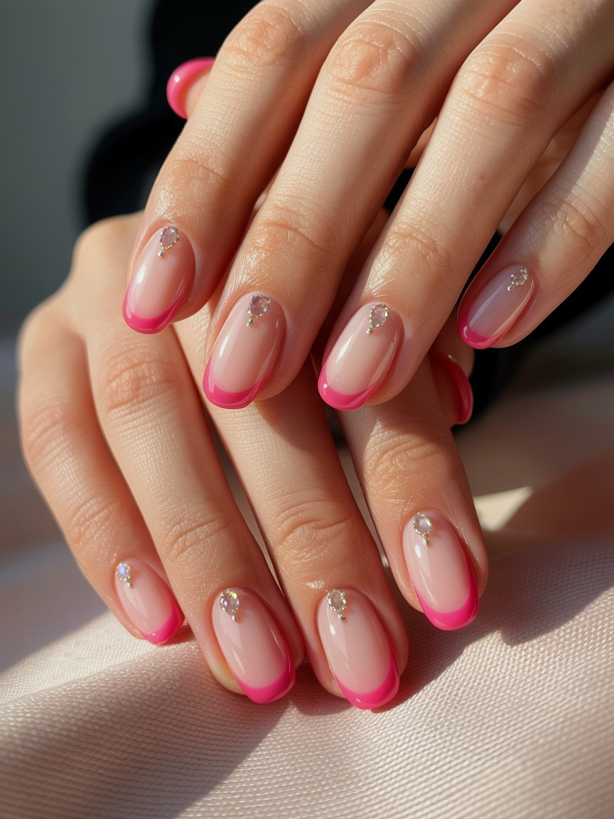 Manicured hands with pink French tip nails featuring a baby pink base, vibrant pink tips, and delicate gemstone accents on almond-shaped nails.