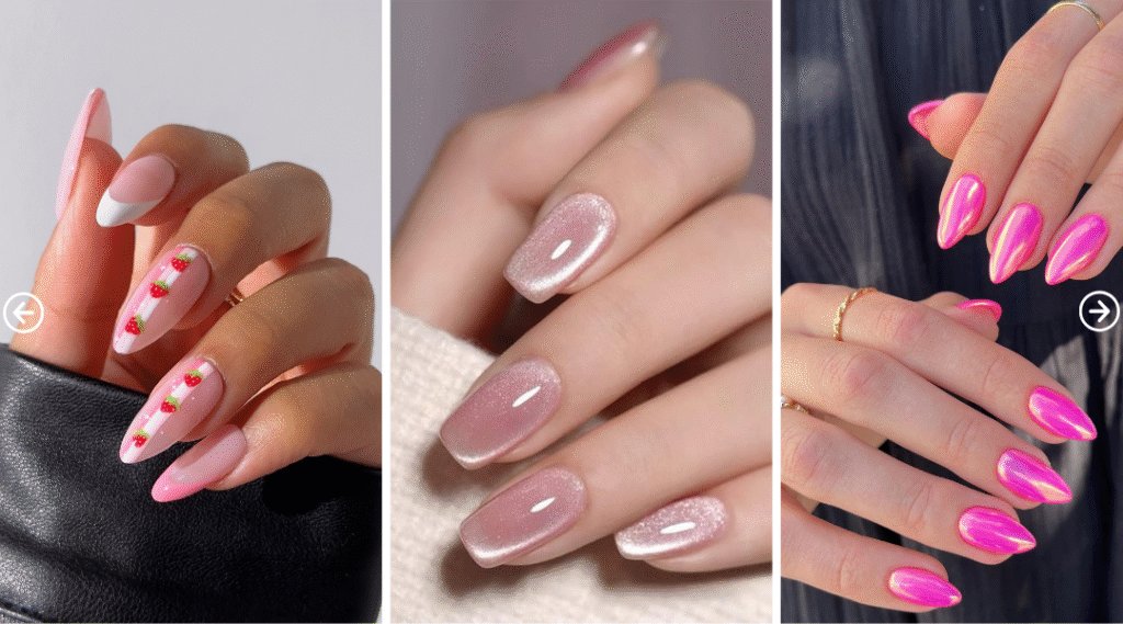 Collage of pink nail designs including soft pink French tips with 3D strawberries, glossy pink stiletto nails, and bright pink holochrome nails with metallic shimmer