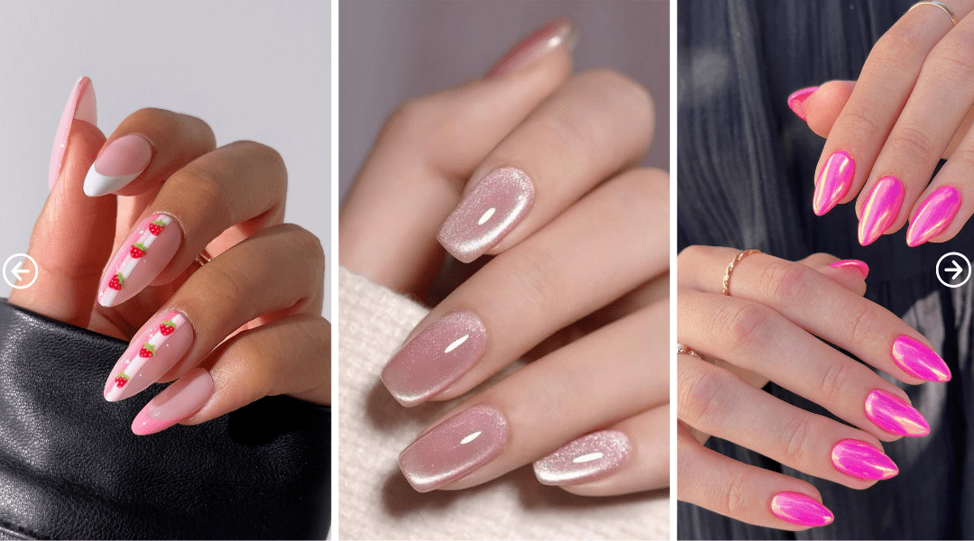 Collage of pink nail designs including soft pink French tips with 3D strawberries, glossy pink stiletto nails, and bright pink holochrome nails with metallic shimmer