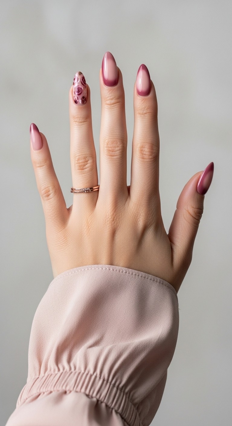 Dorsal view of a woman's hand with straight fingers and almond nails in muted pink tones, featuring dusky rose accents and subtle floral patterns on a soft neutral background.