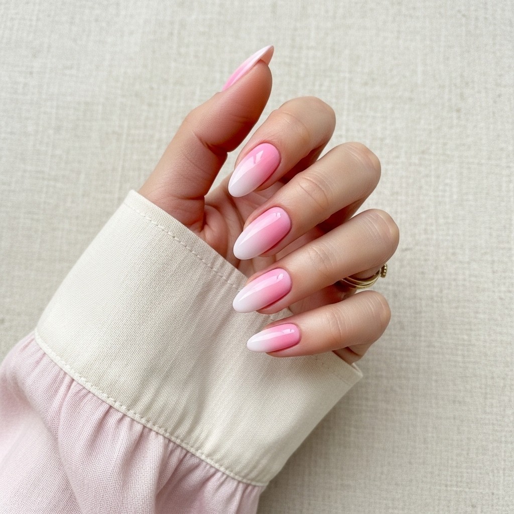 Almond-shaped pink ombre nails with a soft gradient from baby pink to sheer tips, styled with a pastel sleeve and minimal gold ring on an ivory linen background.