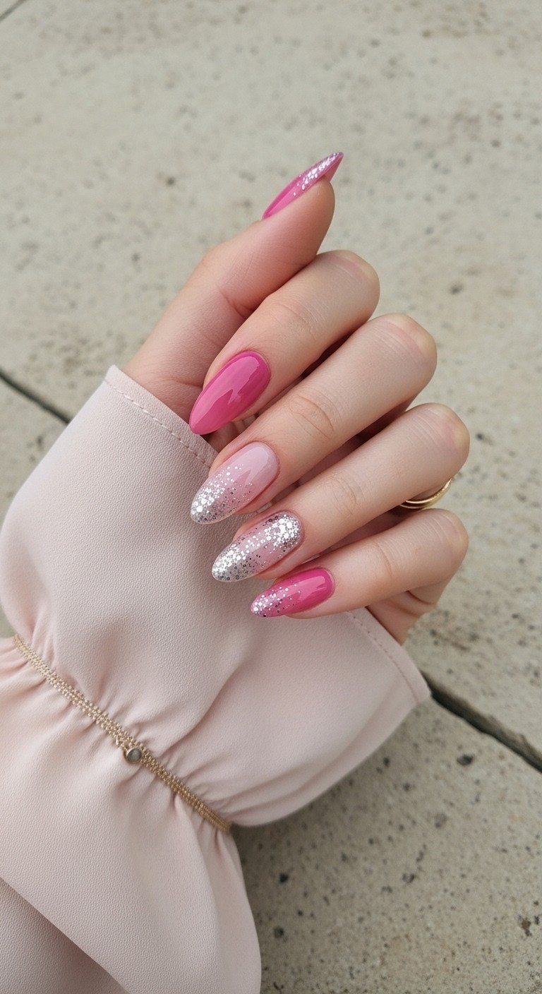 Hand with almond-shaped pink ombre nails featuring fine glitter accents, styled with a blush chiffon sleeve and delicate gold bracelet on a soft stone background.