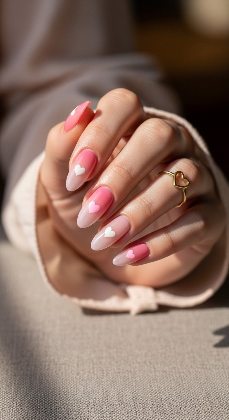 Almond-shaped pink ombre nails with small heart accents, styled with a blush-toned sleeve and minimal gold jewelry on a neutral fabric background.