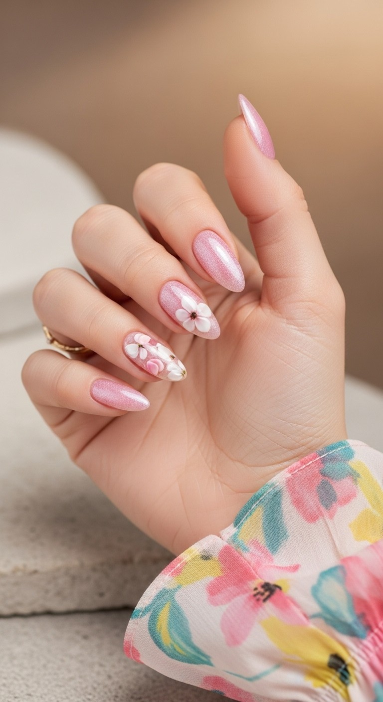 pink shimmer nails with soft floral accents on almond shapes, styled with a pastel sleeve and delicate gold ring on a neutral background