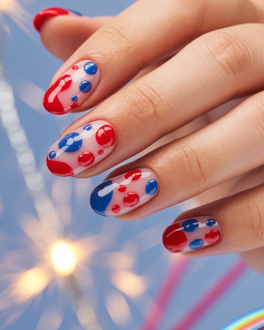 Red and blue bubble-textured gel nails with a playful, abstract Fourth of July vibe.