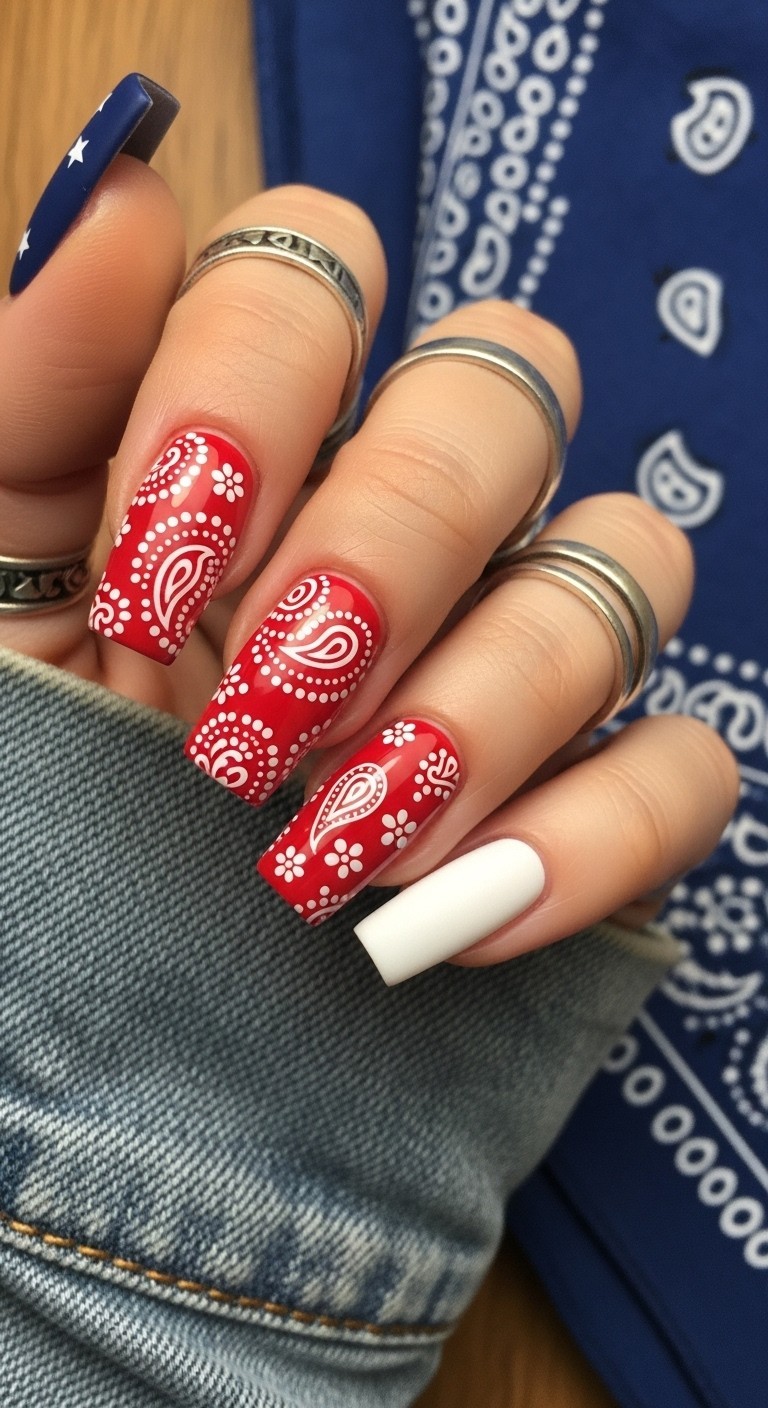 Red Bandana Print 4th of July nails with white paisley patterns on a red base, accented by solid white and navy nails for a classic Americana look.