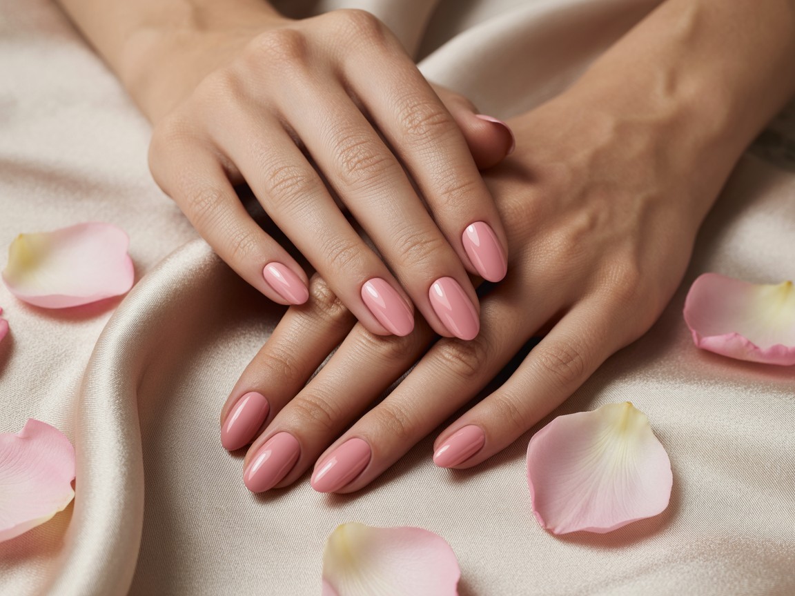 Manicured hands with rose French nails featuring a soft muted rose pink base and deeper rose-colored tips on almond-shaped nails.