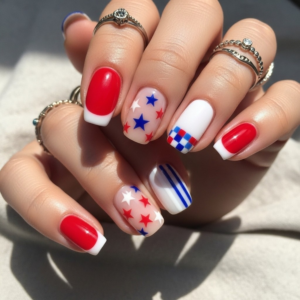 Short 4th of July nails with red, white, and blue minimalist designs, including tiny stars, stripes, and glossy or matte finishes on squoval nail shapes.