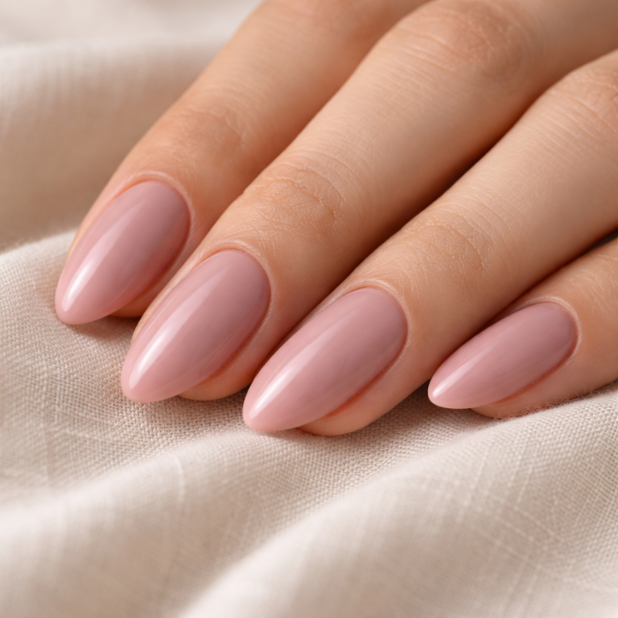 Almond-shaped soft pink nails with a muted dusty satin finish on off-white linen background
