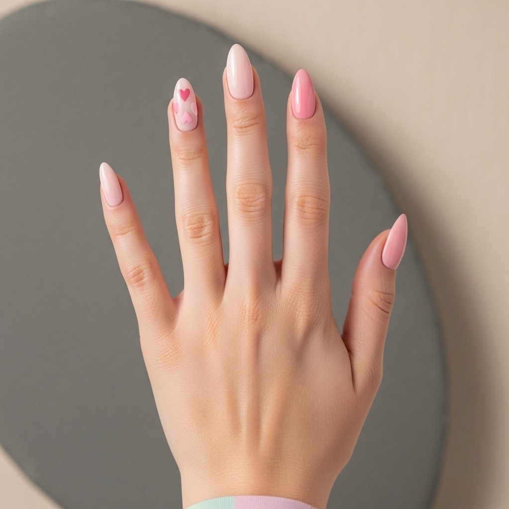 hand photo showing straight fingers with almond-shaped nails in a pink tonal gradient, featuring tiny matching heart accents on a soft neutral background.