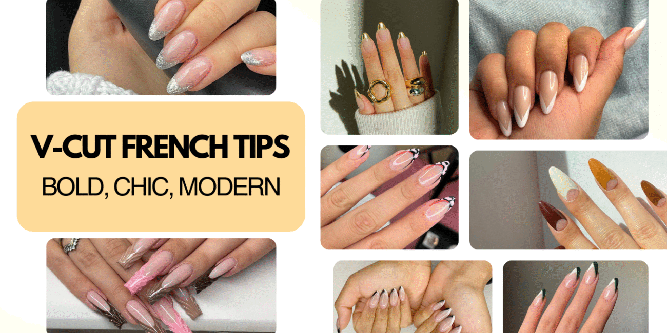 Collage of 8 bold, chic, and modern V-cut French tip nail designs in various colors and styles.