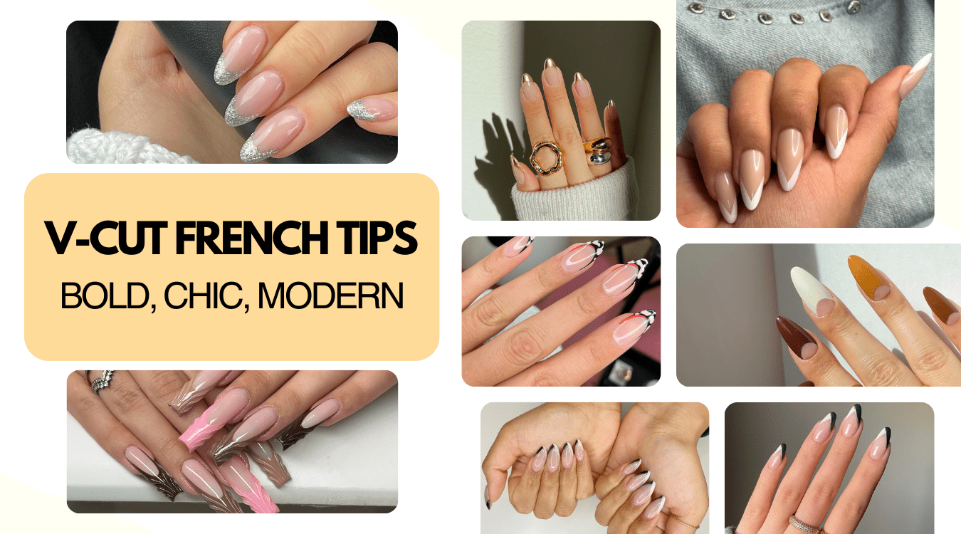 Collage of 8 bold, chic, and modern V-cut French tip nail designs in various colors and styles.