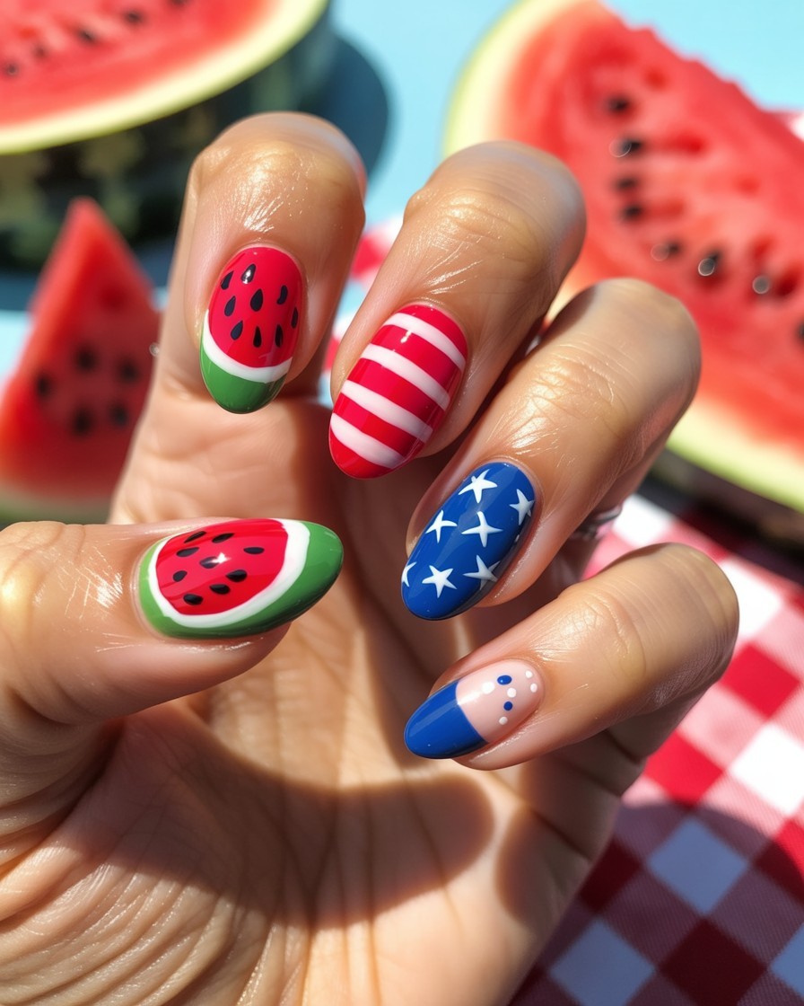 Almond-shaped nails with watermelon art, red and white stripes, and blue stars for July 4.