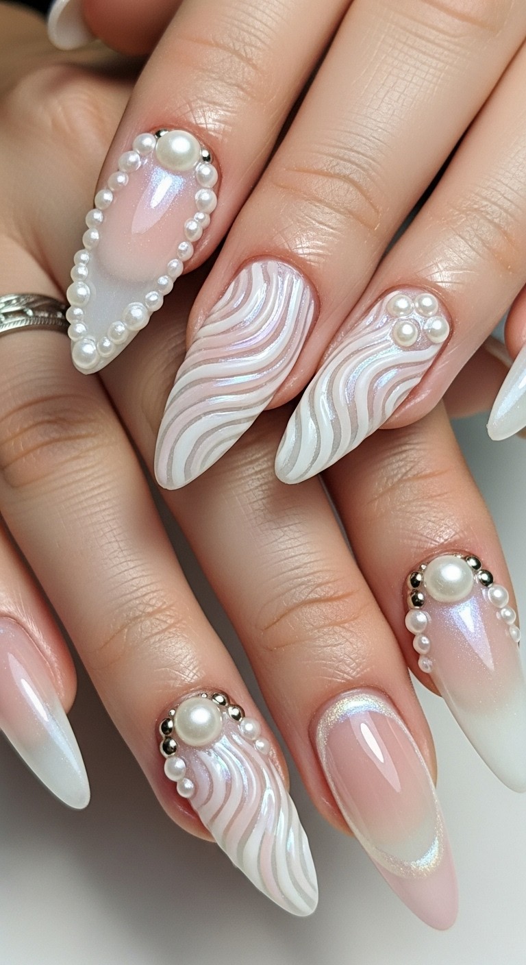 sculpted 3D shell textures, pearlescent chrome finish, and small pearl bead accents on a soft nude base.